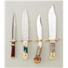 Image 1 : Lot of four modern custom knives including a  large unmarked clip point bowie with  multi-color grip