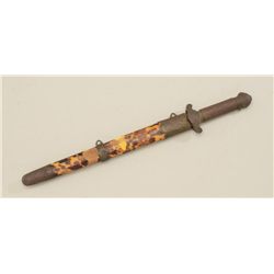 Chinese short sword with lacquer over wood  sheath, brass mounts that match the grip,  cross guard a