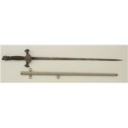 Old ornate Lodge sword with metal scabbard in  overall good uncleaned condition; knight  head pommel