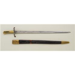 SK marked bayonet with leather scabbard and  brass drag/throat, approx. 29” overall with  an approx.