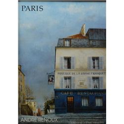 Framed Andre Renoux color print of a Paris  street scene, image size approx. 24" x 17".  Renoux is k
