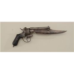 Antique pinfire 12-shot DA revolver, 7.65mm  cal., 5” barrel with 8” under barrel knife,  engraved f