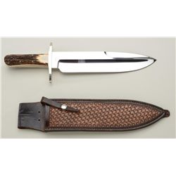 Large bowie style stag handled knife by K.  Draper, massive  high polished 12" blade ,  2.5" wide, a