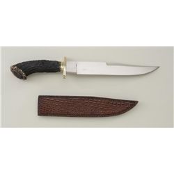 Modern custom clip point bowie knife by R.A.  Frazier with stag horn grip and alligator  leather she