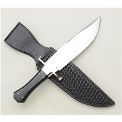 Karfavan clip point coffin handle knife with  basket weave black leather sheath marked Bill  French,