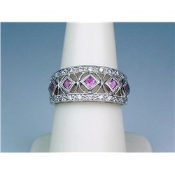 Gorgeous 14 karat white gold ladies antique  design ring fine set with 5 square pink  sapphires and 