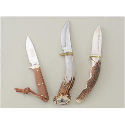 Lot of three modern custom knives, two with  leather sheaths including a small Tenney  Trading Co. k