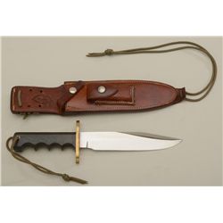 Large Randall military style fighting knife  and leather sheath with sharpening stone  approx. 12” o