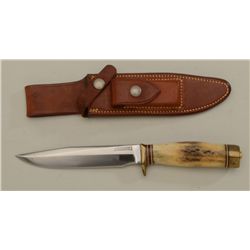 Randall Model 16 knife with stag grip and  leather sheath with sharpening stone  (Orlando, FLA); kni