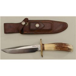 Randall knife in sheath (Orlando, FLA); knife  is in very good + condition with engraving  on brass 