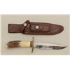 Image 3 : Randall knife in sheath (Orlando, FLA); knife  is in very good + condition with engraving  on brass 