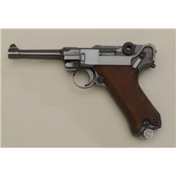 Luger semi-auto pistol, 1918 dated, 9mm cal.  4” barrel, re-blued finish, checkered wood  grips, #19