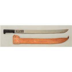 Collins & Co. machete and leather sheath,  approx. 31” overall with an approx. 26” blade  in very go