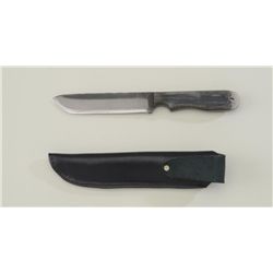 Anza custom knife with leather sheath,  approx. 11” overall with an approx. 6-1/2”  blade in fine co
