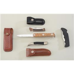 Lot of four knives including folding  fisherman’s knife, a Kershaw folder with  leather belt sheath;