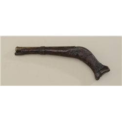 Interesting early Asian matchlock pistol with  brass barrel, well-worn wood stock, single  iron barr