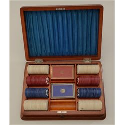 Old Poker set in deluxe wood mitered box with  two sets of Cave des Roys playing cards in  un-opened