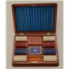 Image 1 : Old Poker set in deluxe wood mitered box with  two sets of Cave des Roys playing cards in  un-opened