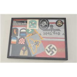 Riker Mount containing authentic German  patches, arm bands and insignia (14 )pieces  total.  Best p