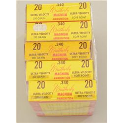 Lot of five boxes of Weatherby .340 Magnum  ammunition, ultra-velocity soft point; 200  and 250 grai