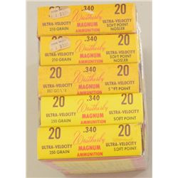 Lot of five boxes of Weatherby .340 Magnum  ammunition, ultra-velocity soft point (2  boxes) and sof
