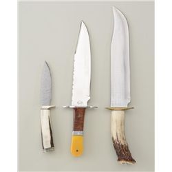 Lot of 3 custom modern knives including a  Cheatham stag handle knife in fine condition  approx. 9” 