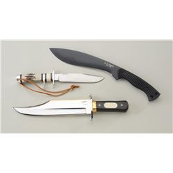 Lot of 3 modern knives including an A.G.  Russell bolo style large knife with leather  sheath in lik