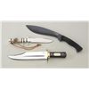 Image 1 : Lot of 3 modern knives including an A.G.  Russell bolo style large knife with leather  sheath in lik