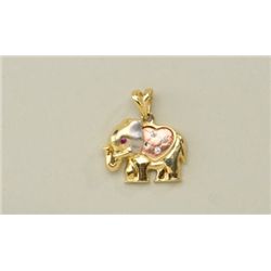 Elephant pendant in 14k yellow gold, inset  with a  rose gold heart, studded with rubies  and diamon