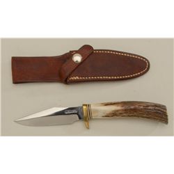 Randall knife in leather sheath (Orlando,  FLA) in very good to fine condition with stag  grip and a