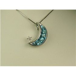 Stylish 14 karat white gold ladies ‘Moon’  design pendant channel set with 6 fantasy cut  blue topaz