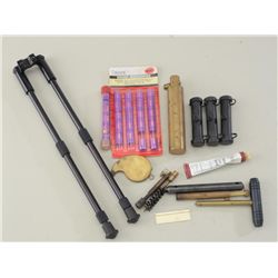 Lot of misc. black powder reloading supplies  and a rifle bi-pod.  Est.:  $40-$60.