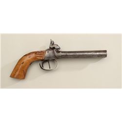 Large bore SxS percussion pistol, approx. .60  cal., 5-1/4” barrels, wood grip. This  antique gun is