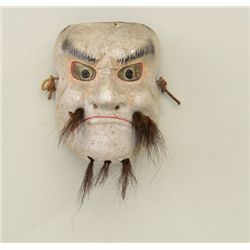 Old Japanese miniature carved and painted  wood mask of warrior, approx. 3” x 2” showing  fine detai