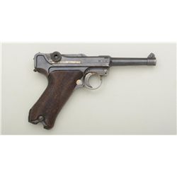 German Luger semi-auto pistol by DWM, 9mm  cal., 4” barrel, military blue finish,  checkered wood gr