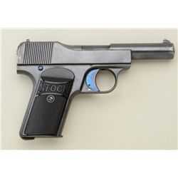 Stock semi automatic pistol, #9867, 7.65mm  cal., 4" barrel, blued finishhard rubber logo  grips.  G