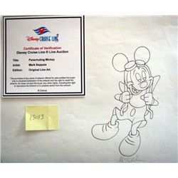 Disney Orig Line Art Drawing Parachuting Mickey Mouse