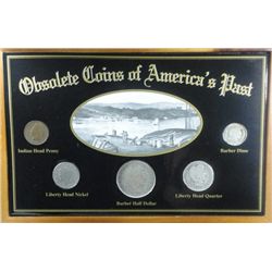 OBSOLETE COINS FROM THE PAST IN  NICE WOODEN DISPLAY CASE