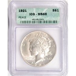 1921 PEACE DOLLAR ICG MS65 GEM, SUPER WHITE COIN, ALMOST NO MARKS
