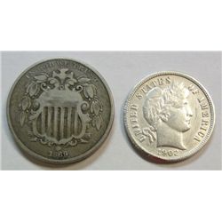 2 Type Coins 1869 Shield Nickel Fine/VF, 1902 Barber Dime AU
