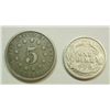 Image 2 : 2 Type Coins 1869 Shield Nickel Fine/VF, 1902 Barber Dime AU