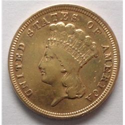 1854 "PRINCESS" $3 GOLD, SHARP  XF+ MINOR LUSTER STILL PRESENT NO DAMAGE