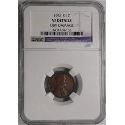 1931S  Lincoln penny  NGC VF obv dmg