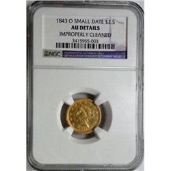 1843O sm date  $2 1/2 gold  NGC AU clnd
