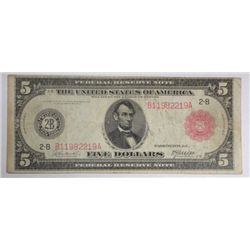 1914 $5  Federal Reserve Note  RED SEAL  VG/F