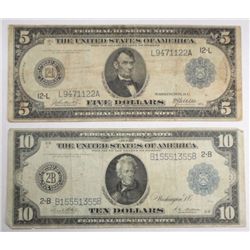 1914 $5 and $10  Federal Reserve Note    VG/F