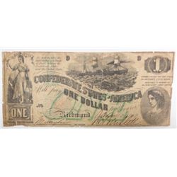 1862 $1 Confederate States of America note some pinholes VG/F