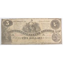 1861 $5 Confederate States of America note  a few pinholes  F/VF