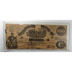 1861  $100 Confederate States of America note VF some holes around signature