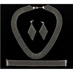 NECKLACE, BRACELET, EARRING SET: Platinum 950 open mesh design matching set